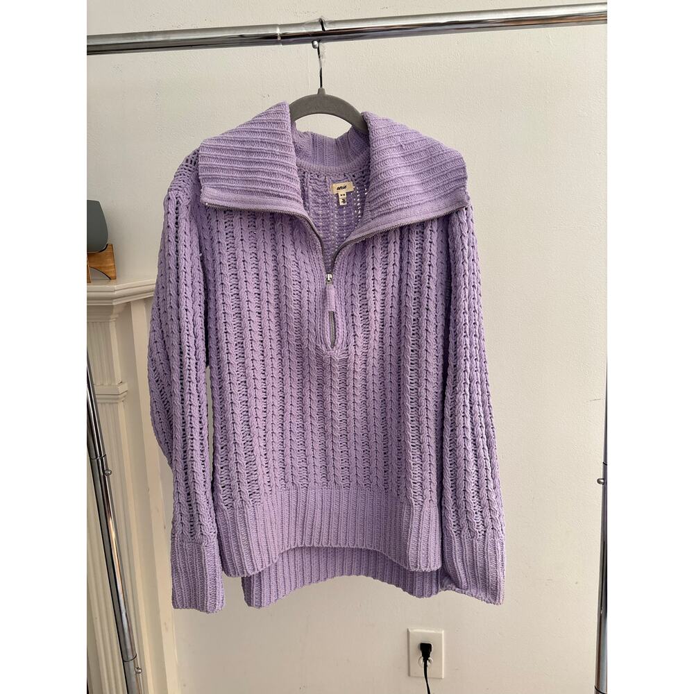 Aerie Lavender Cable Knit Quarter Zip Sweater Oversized Mock Neck Pullover - Picture 4 of 11